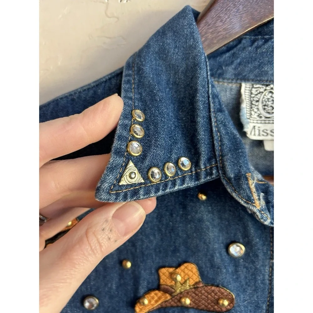 Vintage Miss & Mrs Denim Midi Shirt Dress L Cowgirl Novelty Studded Rhinestone - Picture 5 of 11